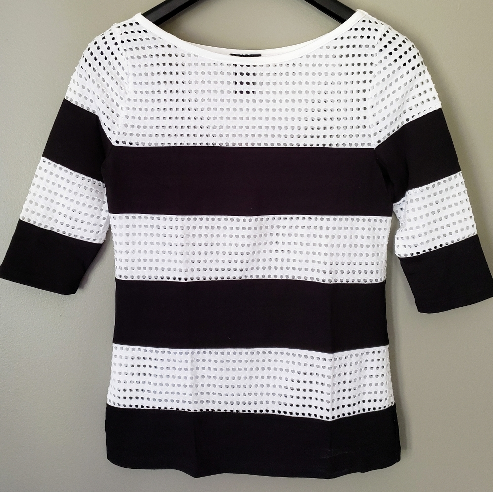 Ann Taylor Black/White Striped 3/4 Sleeve Top